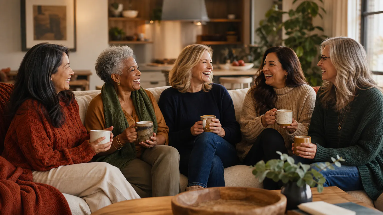 Friends sharing tea during a seasonal gathering